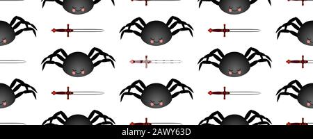 Black spider pattern. Mch on a dark background. Seamless pattern for textile and fabric design. Stock Vector