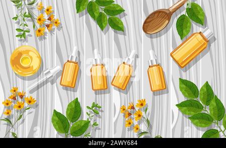 Orange essential oil bottles with dropper. Made from fruit. Natural aromatherapy idea vector. Leaves and flowers on background Stock Vector