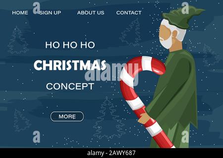 Christmas site concept with green elf holding lollipop. Blue background with line art holiday drawings. Vector Stock Vector