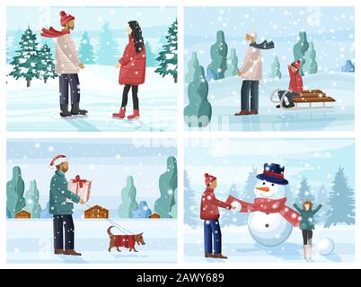 Big set of people having fun in winter season. Building snowman, walking the dog, ice skating, sledging, playing with snowballs. Holiday vector Stock Vector