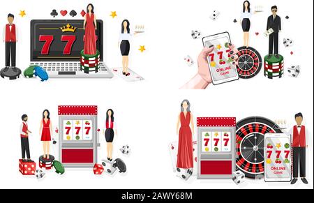 People in casino. Jackpot on slot machine and mobile phone. Playing roulette, dices and chips. Vector Stock Vector