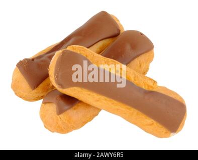 Group of chocolate covered eclair pastries isolated on a white background Stock Photo
