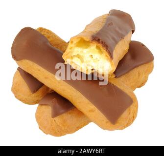 Group of chocolate covered eclair pastries isolated on a white background Stock Photo