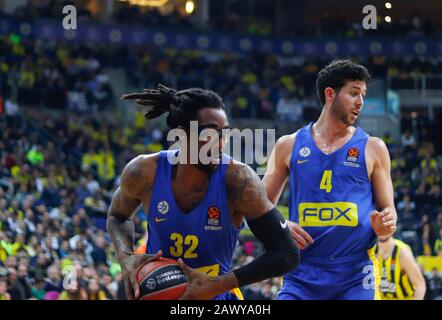 ISTANBUL / TURKEY - FEBRUARY 7, 2020: Amar'e Stoudemire and Angelo Caloiaro during EuroLeague 2019-20 Round 24 basketball game between Fenerbahce and Maccabi Tel Aviv at Ulker Sports Arena. Stock Photo