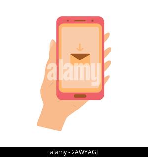 A smartphone with a new incoming message on the screen. Hand holds the phone. Flat style illustration. Receive mail on your mobile. Business and face- Stock Vector