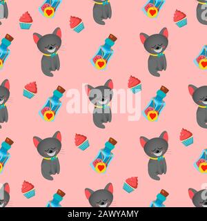 Seamless pattern for girls. Alice in Wonderland. Through the looking glass. Book characters. Cheshire Cat. Tea party Pink color. Stock Vector