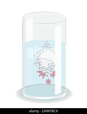 antiviral vaccine. Effervescent pill in glass of water kills virus.  Wuhan seafood market pneumonia virus. Medical flask. coronavirus 2019-nCov Stock Vector