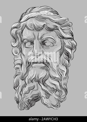 Ancient stone bas-relief in the shape of a human head with beard, vector hand drawing illustration in black  and white colors isolated on grey backgro Stock Vector