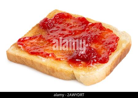White toast spread with butter and strawberry jam isolated on white. Stock Photo