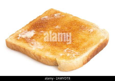 Single slice of white toast spread with butter isolated on white. Stock Photo