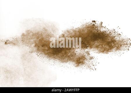 Abstract deep brown dust explosion on white background.Freeze motion of brown dust splash. Stock Photo