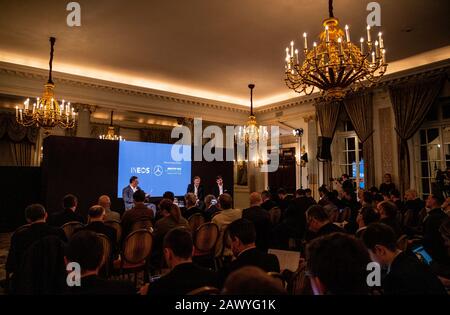 Toto Wolff, Team Principal & CEO of The Mercedes AMG-PETRONAS F1 Team (right) and INEOS Founder and Chairman Sir Jim Ratcliffe during the media briefing at Royal Automobile Club, London. Stock Photo