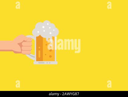 Hand holding beer glasses with foam. Concept of celebration in pub. Vector illustration in flat design. Stock Vector
