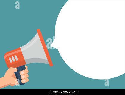 Male hand holding megaphone. Flat design. Can be used business company for social media, networks, promotion and advertising. Stock Vector