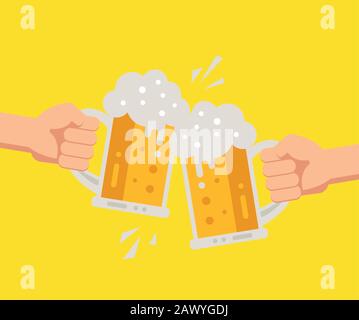 Two hands holding beer glasses with foam. Concept of celebration in pub. Vector illustration in flat design. Stock Vector