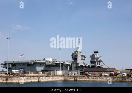 Newly launched Aircraft carrier HMS Queen Elizabeth in dock in Portsmouth, UK. Stock Photo