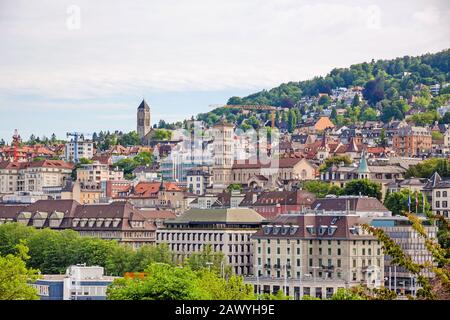 View over Zuerich, Liebfrauen church, Cinema Capitol, and Central Plaza Hotel. Stock Photo