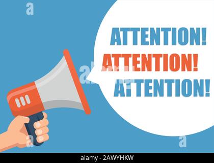 Attention - Male hand holding megaphone. Flat design. Can be used business company for social media, networks, promotion and advertising. Stock Vector