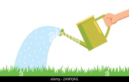Vector hand holding watering can watering plant in pot, business concept, flat design Stock Vector