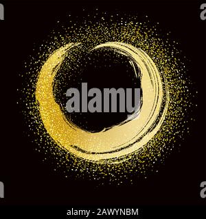 brush stroke golden round frame on black background Stock Vector