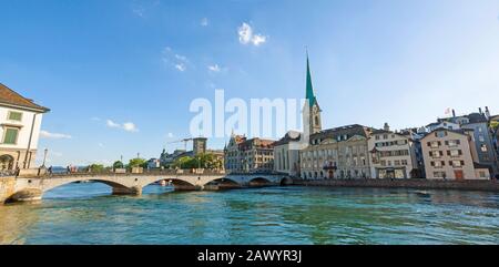 Panorama of church Fraumunster in Zurich, Switzerland Stock Photo