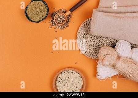Different types of uses for hemp. Textile fiber industry. Zero waste living concept. Stock Photo