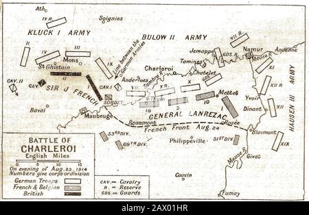 An old plan of the Battle of Charleroi  (Charleroi - Mons) - August 23rd 1914 (WWI) between armies of Britain, France & Germany Stock Photo