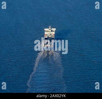 Aerial view of Ferry leaving liverpool, Merseyside, North West England, UK