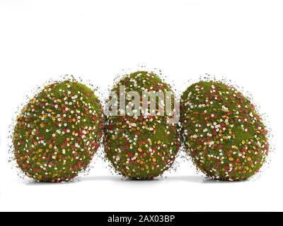 3D rendering of three Easter eggs covered with grass and spring flowers on white background Stock Photo