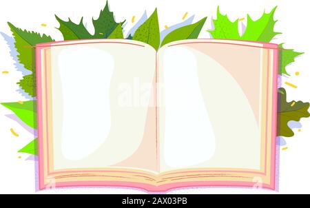 Copy space open book in green leaves. Spring template, Empty sheet with Decoration element, concept layout page. Stock vector illustration. Nature creative frame isolated on white background. Stock Vector