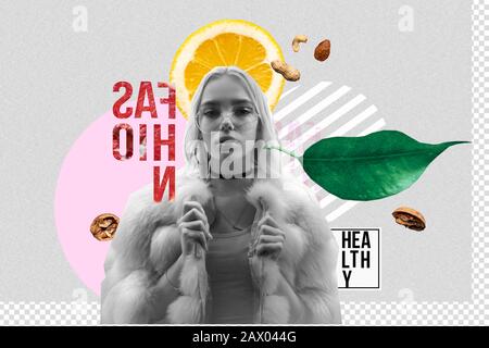 Hipster fashion girl healthy food on contemporary art collage grey background Stock Photo