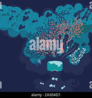 Underwater scene with fishes and coral reef in the human head silhouette. Stock Vector