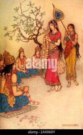 'Damayanti Choosing A Husband', 1913. Damayanti, princess of Vidarbha attends the swayamvara ornagised by her father to garland the man she chooses as a husband. From &quot;Indian Myth and Legend&quot;, by Donald A. Mackenzie. [The Gresham Publishing Company Limited, London, 1913] Stock Photo