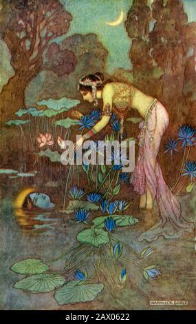 'Sita Finds Rama Among Lotus Blooms', 1913. Rama and Sita play hide-and-seek among the blue lotus flowers. From &quot;Indian Myth and Legend&quot;, by Donald A. Mackenzie. [The Gresham Publishing Company Limited, London, 1913] Stock Photo