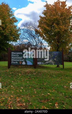 Harpers Valley, WV / USA - November 3, 2018: Entrance sign at the Harpers Ferry National Historical Park in West Virginia. Stock Photo