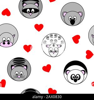 cute seamless pattern with vector illustrations of round animals and red hearts, separated from background Stock Vector