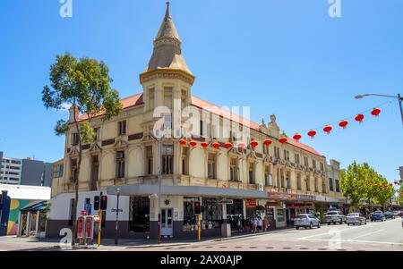 Britannia Backpacker hostel accommodation and restaurants on William Street Northbridge Perth WA Australia. Stock Photo