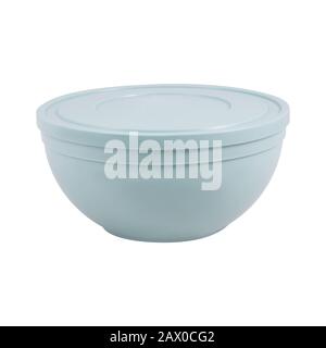 Blue plastic bowl with lid front view isolated on white background Stock Photo