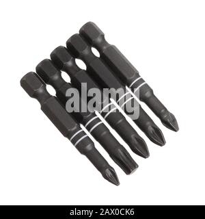 Set of various types of bits for screwdrivers and drills isolated on white background. Stock Photo