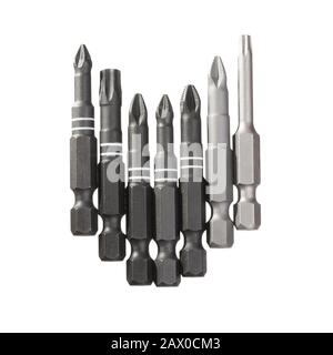 Set of various types of bits for screwdrivers and drills isolated on white background. Stock Photo