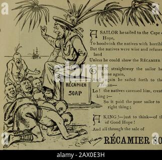 Authorized souvenir programme of the Henry MStanley lecture tour through the United States and Canada ..1890 . Henry M. Stanley s&lt;»i imk of iiik Henry M. Stanley Lecti re Tour. THIS IS NEWS FROM AFRICA, EVEN TO STANLEY,. Tl SAILOR he sailed to the Cape of Goody* Hope, To hoodwink the natives with horrible soap •Cut the natives were wise and refused him to landUnless he could show the Recamier brand. /C-I HEN straightway the sailor he sailed^-^ home again,And again he sailed forth to the black African—Lo ! the natives caressed him, created him king ;—^^ So it paid the poor sailor to sell th Stock Photo