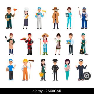 Set of 18 professions. People of different occupations, eighteen cartoon characters. Stock vector illustration Stock Vector