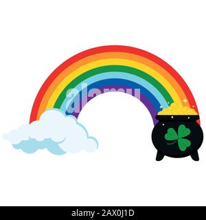 Rainbow icon with pot of gold coins and cloud at the ends isolated on white background. Stock Vector