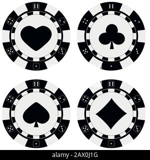 Black and white poker chips set with card suits hearts, spades, diamonds, clubs. Stock Vector