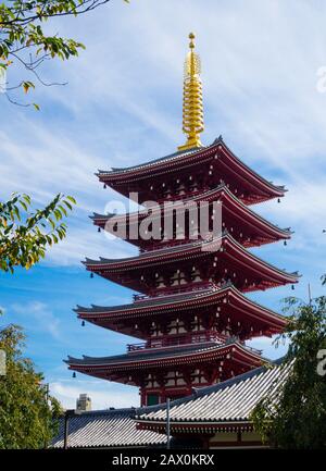 Tokyo, Japan - 10 Oct 2018: five-story Pagoda at the Sensoji Temple (also: Asakusa Kannon Temple) at Tokyo's Asakusa Shinto temple district. Stock Photo