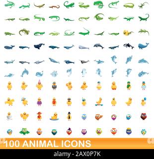 100 animal icons set. Cartoon illustration of 100 animal icons vector set isolated on white background Stock Vector