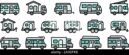 Motorhome icons set. Outline set of motorhome vector icons for web design isolated on white background Stock Vector