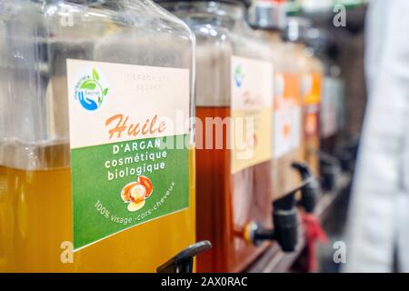 Marrakech, Morocco - January 15, 2020: Variety of argan oils in shop in old town Stock Photo
