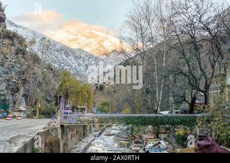 Beautiful Ourika valley with High Atlas Mountains in the background, Morocco Stock Photo