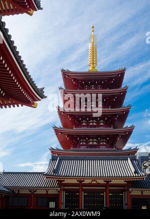 Tokyo, Japan - 10 Oct 2018: five-story Pagoda at the Sensoji Temple (also: Asakusa Kannon Temple) at Tokyo's Asakusa Shinto temple district. Stock Photo